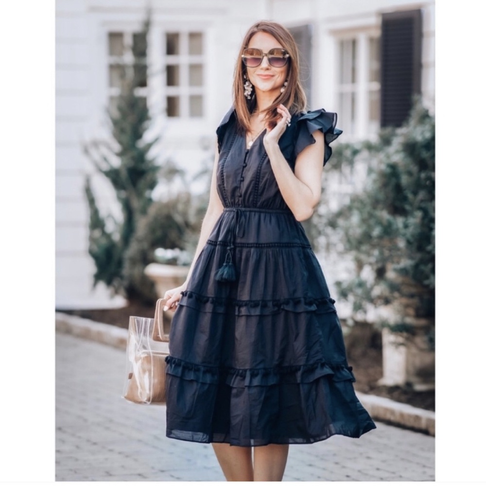 J. Crew Black Ruffled Midi Dress V-Neck Flutter Sleeves Cotton
